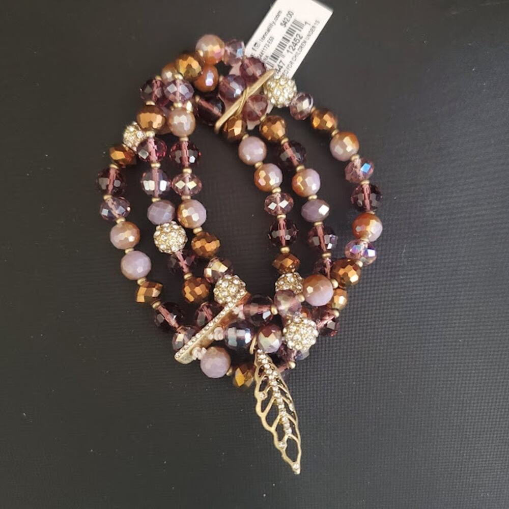 lonna & lilly Stretch Bracelet with Feather‎ Charm Amber and Purple Beads NWT